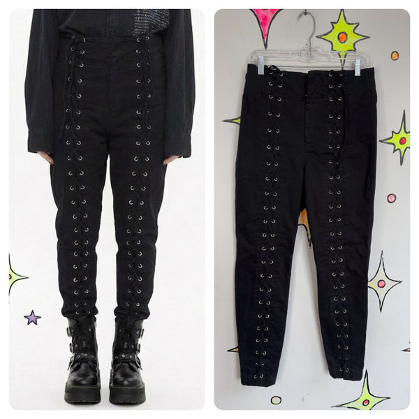 Black Lace Up Pants Western Goth Statement High Rise Sexy Rocker Trousers Sz 10