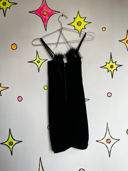 Vintage 90s Black Velvet Fairy Grunge Goth Feather Trim Mini Slip Party Dress M