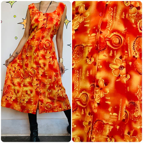 Vintage 90s Y2K Orange & Red Tiki Hawaiian Dress Boho Fairy Grunge Midi – Small