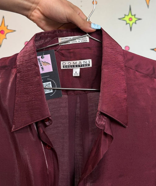 Vintage Burgundy Iridescent Party Shirt 90s Satin Lounge Button Up Men's XL