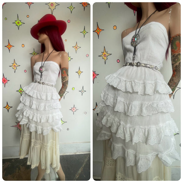White Ruffle Babydoll Cotton Dress Western Whimsy Fairy Dollcore Coquette L