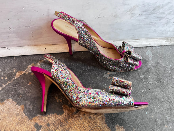 Kate Spade Glitter Peep Toe Heels – Coquette Y2K Sparkly Silver Glam Pumps – 9
