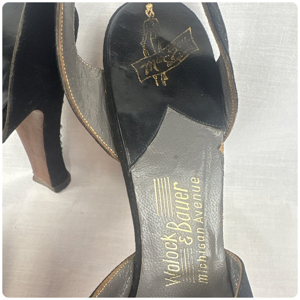 Vintage 1940s Black Embellished Peeptoe Platform Heels Designer Shoes - 7 - 7.5