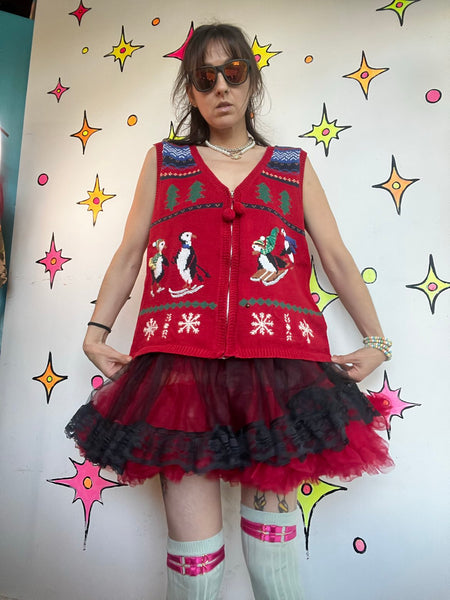 Vintage Christmas Vest Ugly Tacky Holiday Skiing Penguins X Mas Party Sweater XL