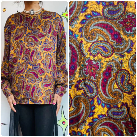 Vintage Colorful Silk Paisley Blouse - Boho Flowy Gypsy Style - Size Large