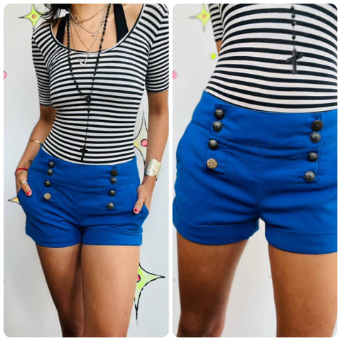 Y2K Blue Sailor Shorts with Gold Buttons – Pirate Core Boho Grunge – Size Small