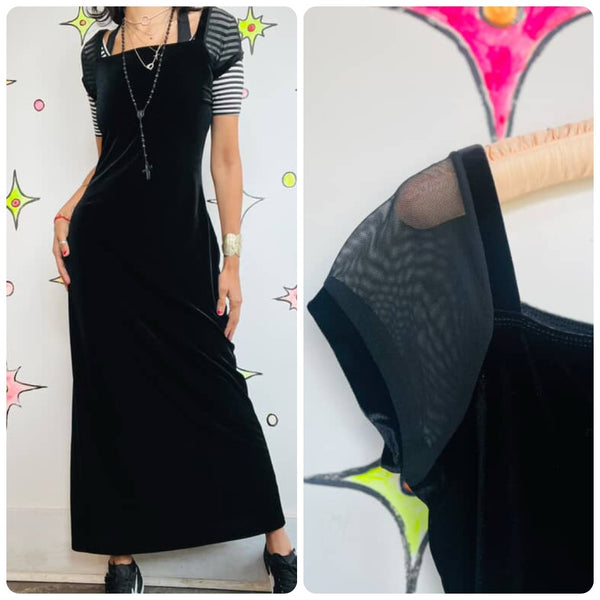 Vintage 90s Black Velvet Maxi Dress w/ Sheer Sleeves – Fairy Grunge Goth – L