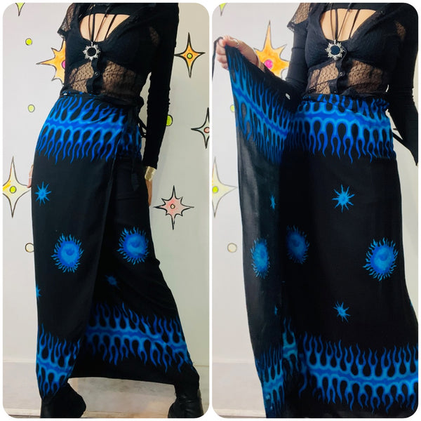 Vintage Y2K 90s Black Wrap Skirt Blue Flames Sun Moon Stars Boho Maxi Skirt