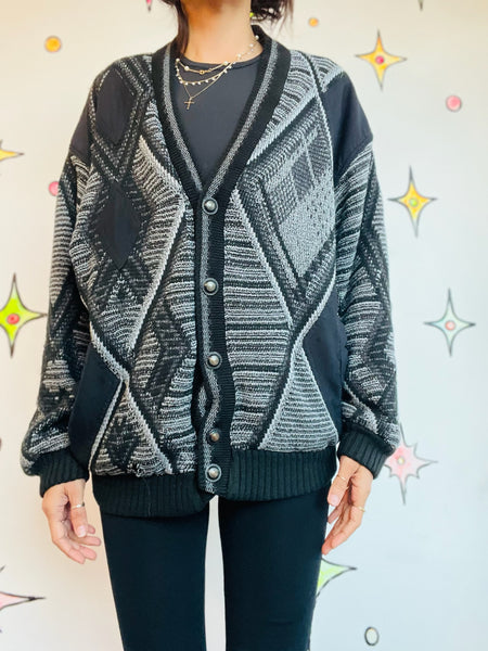 Vintage 90s Y2K Coogi-Style Boho Grunge Cardigan Sweater – Gray & Black - S