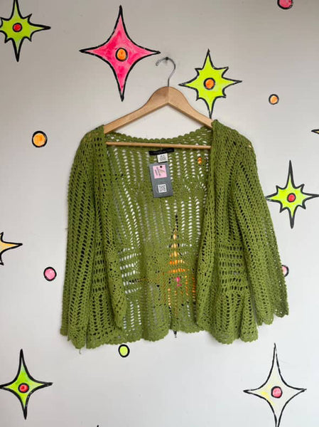 Vintage 90s Y2K Green Crochet Fairy Grunge Boho Cardigan Sweater - Size M