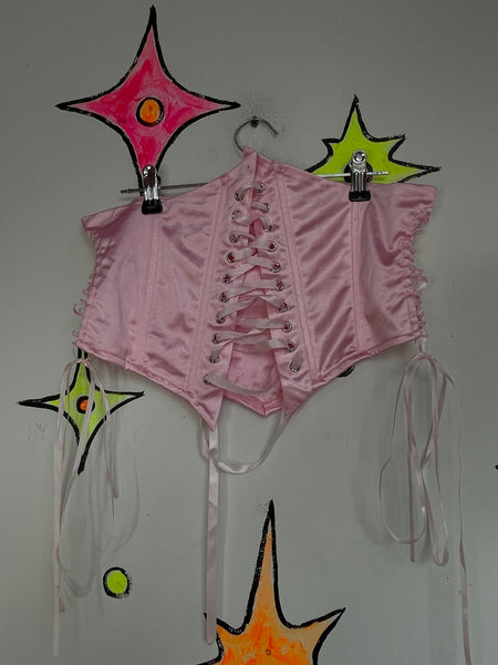 Baby Pink Satin Lace Up Corset Belt Balletcore Rococo Coquette Waist Cincher