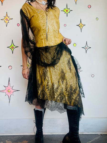 Antique 1920s Gold and Black Lace Flapper Party Dress | Gatsby Era Evening Gown