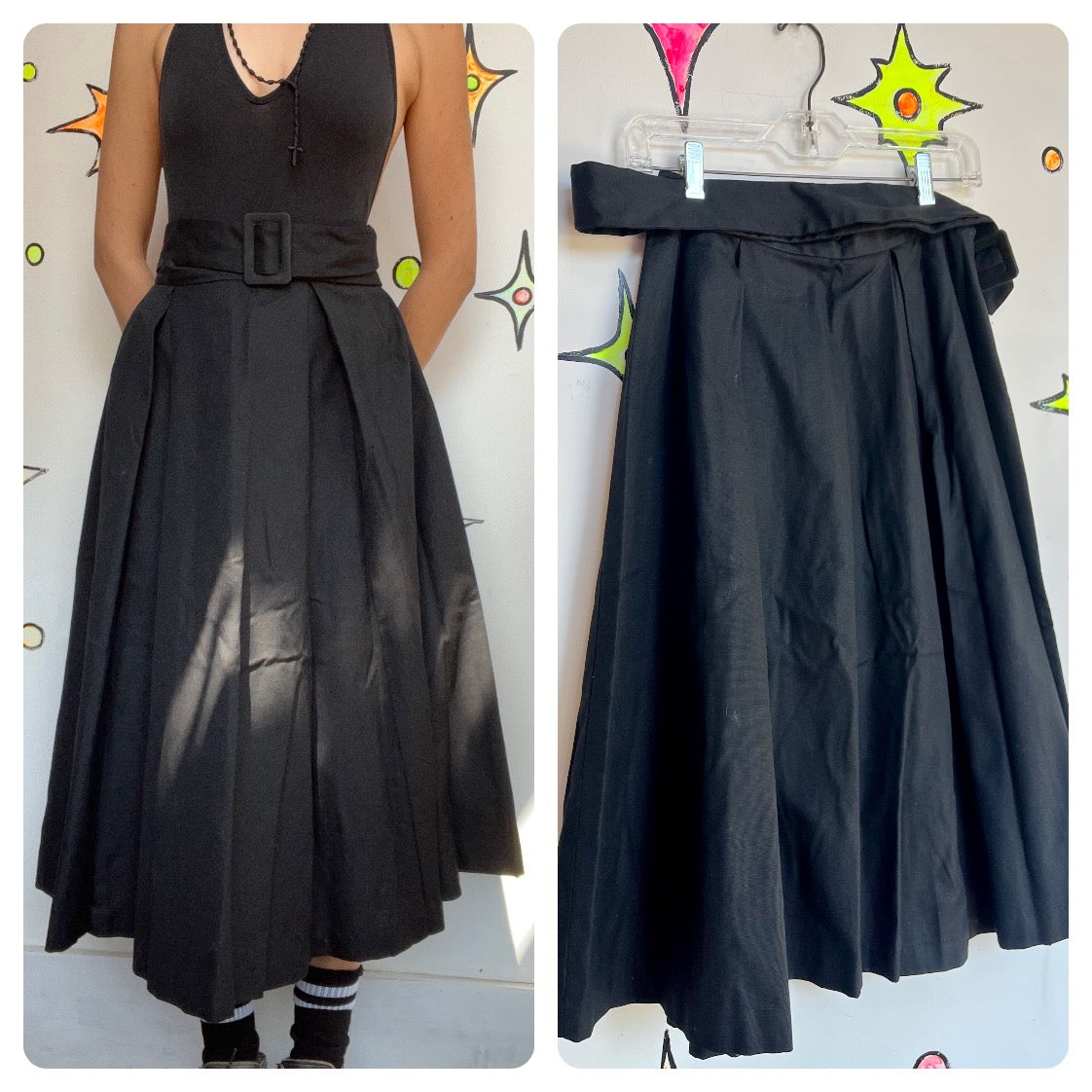 Vintage 1950s | Black Classic Timeless True Vintage Full Belted Swing Skirt | 25
