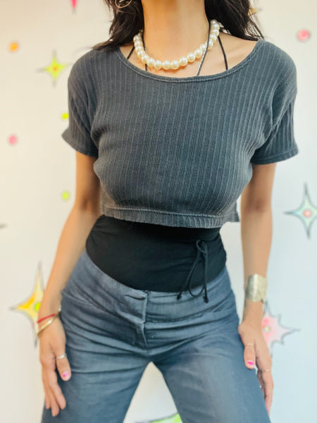 Vintage 80s 90s Black Ribbed Crop Top T-Shirt | Boho Witchy Goth Tee – M