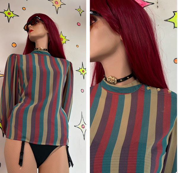 Vintage 70s Rainbow Striped Secretary Blouse Retro Dark Academia L