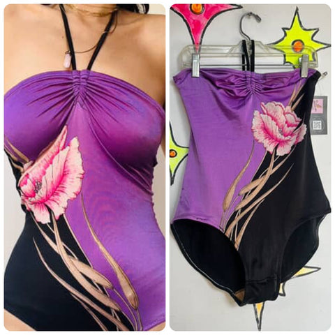 Vintage 70s 80s | Black & Lilac Purple One Piece Swimsuit Bodysuit | Size Medium