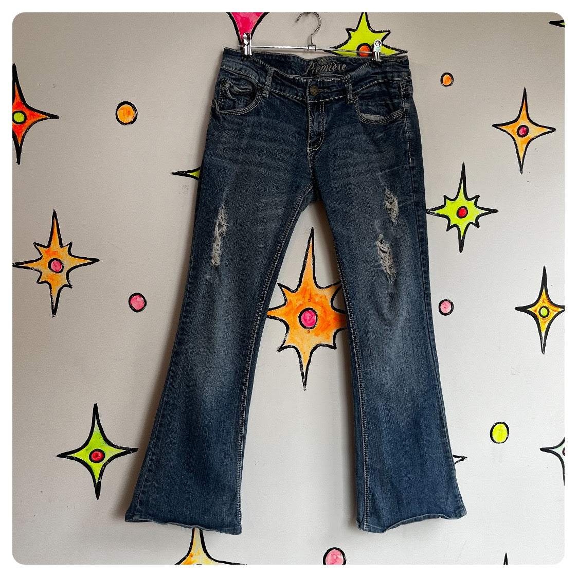 Vintage Y2K McBling Embellish Distressed Low Rise Denim Flares Fairy Grunge 7/8