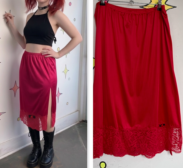 Vintage Crimson Red Nylon Lace-Trim Half Slip w Side Slit Fairy Goth Babydoll ML