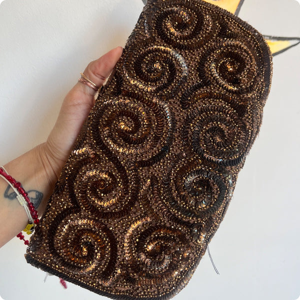 Vintage 1950s 60s | Metallic Bronze Gold Brown Beaded Purse Bag Handbag Clutch