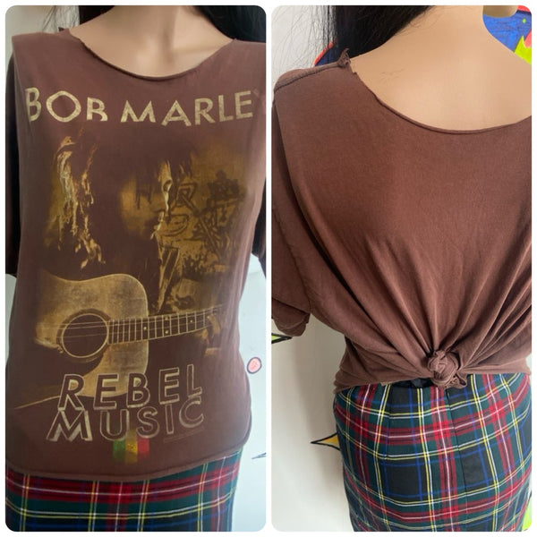 Bob Marley Cropped Band Tee Distressed Cutoff T Shirt Boho Grunge Vintage 90s