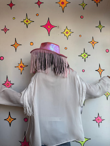 White Fringe Western Shirt | Cowboy Core Rodeo Fringe Button Up Oversized XL