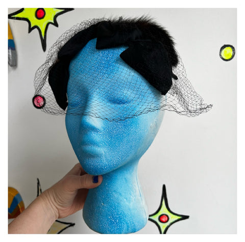 Vintage 50s Gothic Black Fascinator Hat w Veil Union Made – Retro Noir Elegance
