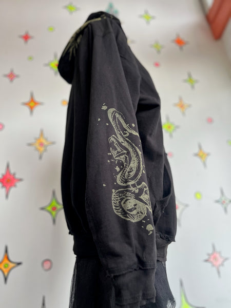 Vintage Y2K Black Mall Goth Grunge Fairy Tattoo Print Affliction Style Hoodie XL+