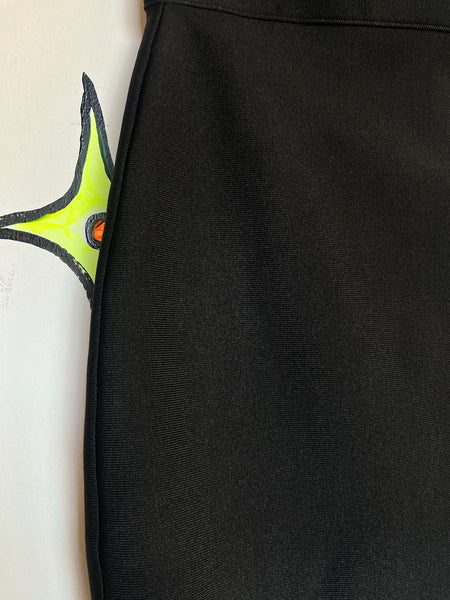 Vintage Y2K Black Mini Skirt Bodycon A-Line Clubwear w Slit Stretchy Sexy Goth S