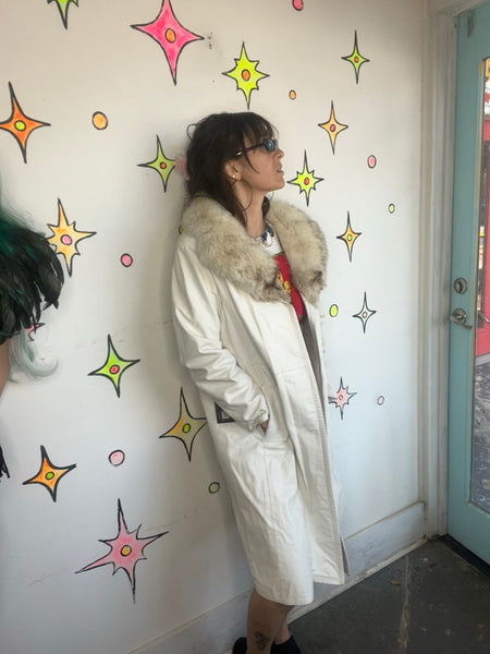 Vintage 70s White Leather Trench Coat Fur Collar Penny Lane Rockstar L