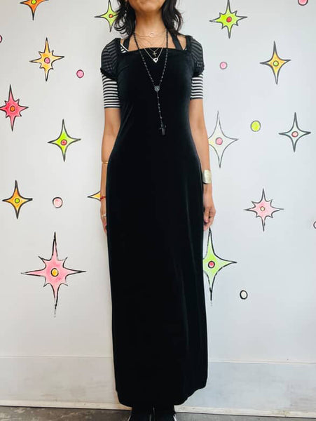 Vintage 90s Black Velvet Maxi Dress w/ Sheer Sleeves – Fairy Grunge Goth – L