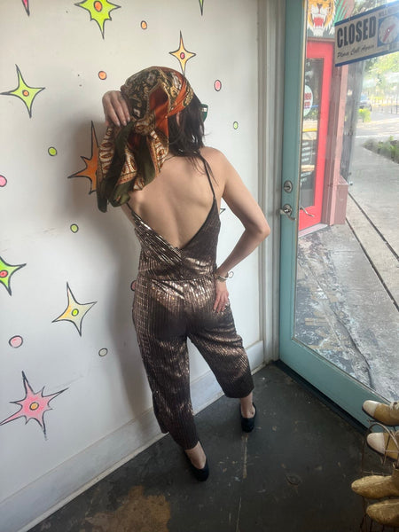 Metallic Gold Y2K Does 70s Disco Wide Leg Party Jumpsuit Retro Clubwear S/M