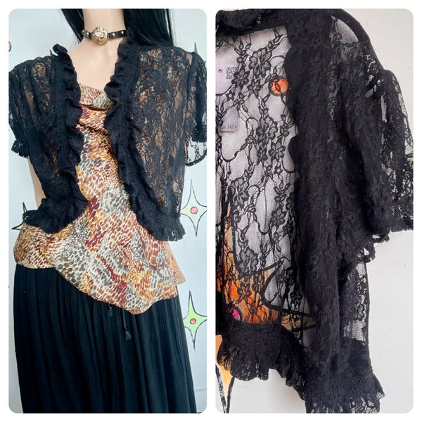 Black Lace Shrug Blouse Romantic Fairy Grunge Gothic Top Boudoir Sheer Cardigan