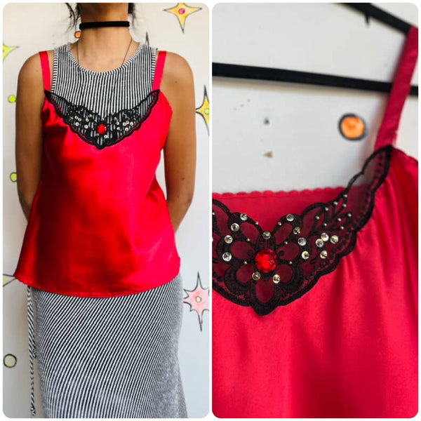 Vintage 90s Vampire Red Black Lace Cami Embellished Lingerie Fairy Goth Grunge M