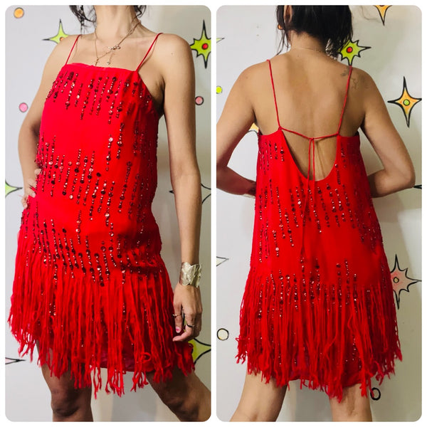 Vintage Red Fringe Flapper Christmas New Year Holiday Party Dress Sequin Glam XS