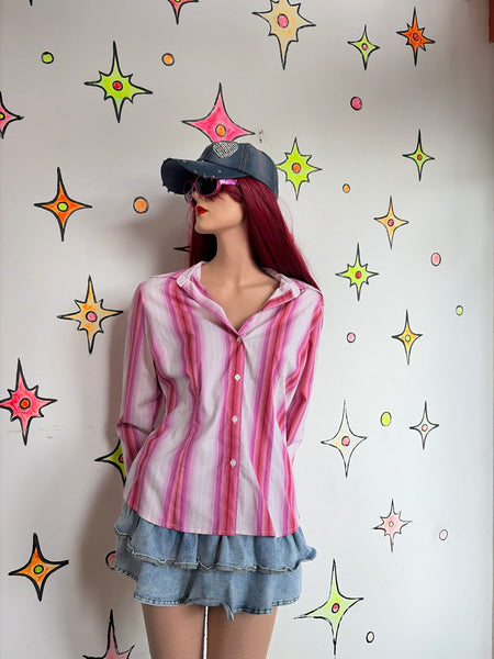 Y2K Pink Pinstripe Button-Up Shirt Office Siren Academia Preppy Glam L