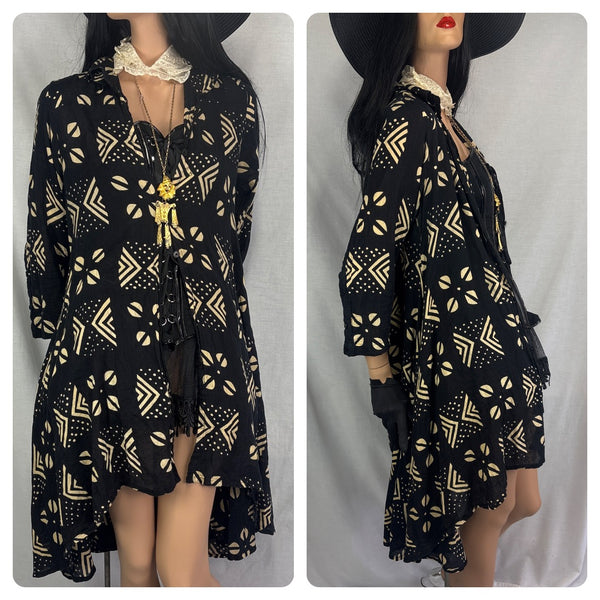Vintage 90s Black Witchy Boho Fairy Grunge Kimono Shirt Dress S
