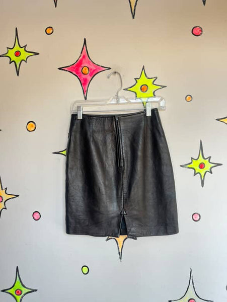 Vintage 80s 90s Leather Pencil Skirt High Waisted Black Goth Grunge Mini S/M