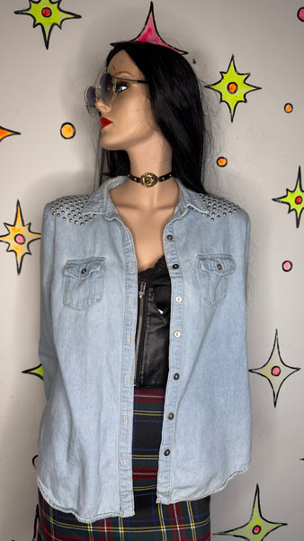 Studded Denim Western Shirt Y2K Cowgirl Rodeo Grunge Button Down - Large