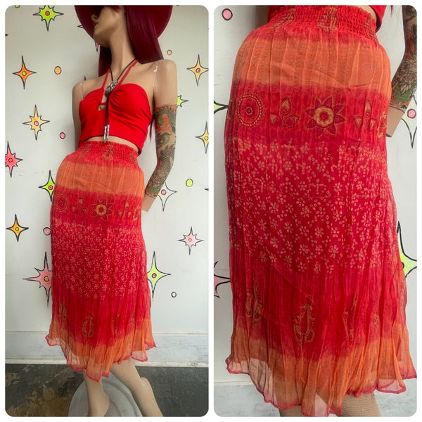 Red Orange Gauzy Paisley Maxi Skirt Flowy Fairy Whimsy Grunge Boho Western M/L
