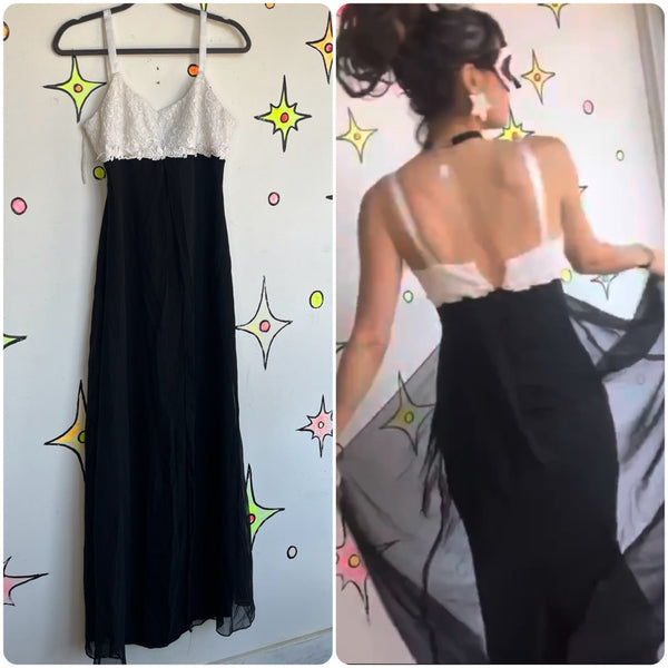 Vintage 90s Black & White Lace Embroidery Formal Prom Fairy Romantic Dress 3/4