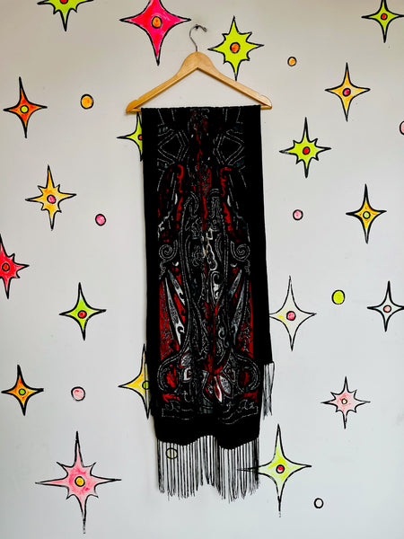 Vintage Black & Red Velvet Fringe Shawl Western Boho Flapper Witchy Goth Scarf