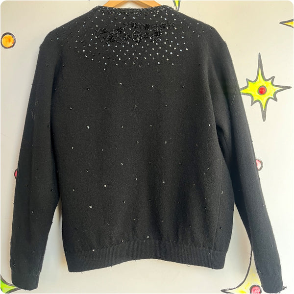 Vintage 1950s | Beaded Black Boho Grunge Whimsy Goth Wool Cardigan Sweater | M L