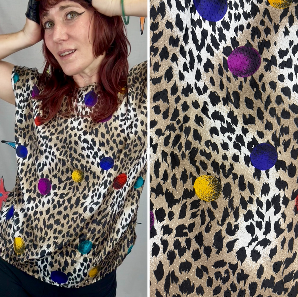 80s Leopard Print Pop Art Top Colorful Dots Avant Garde Kitsch Maximalist M
