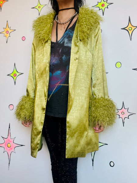 Vintage 90s Y2K Silky Lime Green Robe Boho Grunge Glam Coat w Faux Fur Trim - M