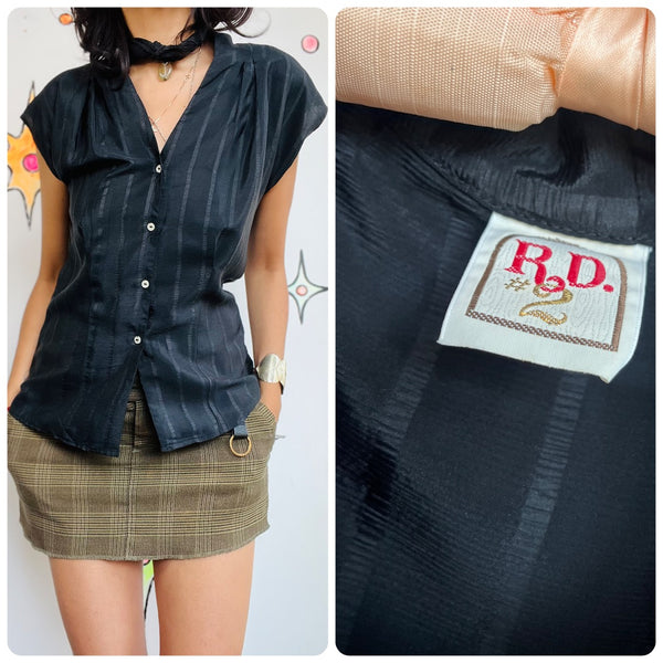 Vintage 70s Black Silky Gothic Button-Up Blouse | Witchy Romantic Retro | M