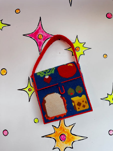 Vintage Kitschy Lunch Bag Purse – Cross-Stitch Sandwich – Handmade Picnic Bag