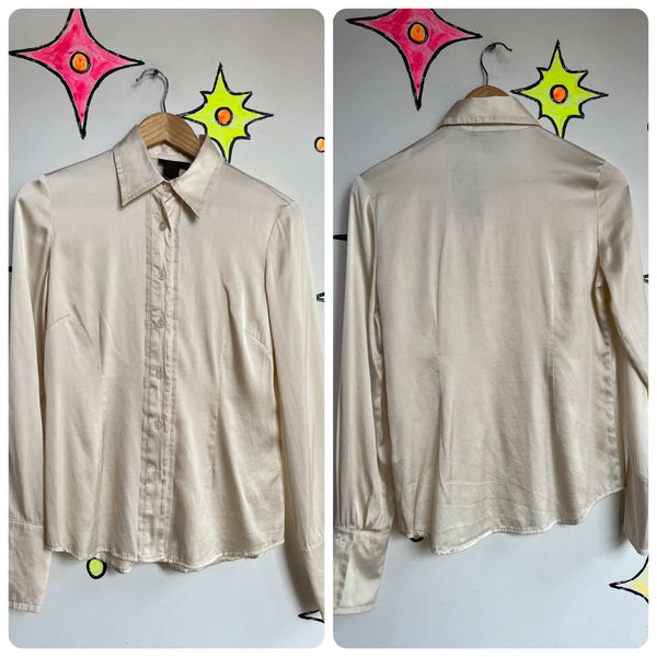 90s Creamy White Silk Button-Up Blouse - Minimal Long Sleeve - Size 4 - Classy