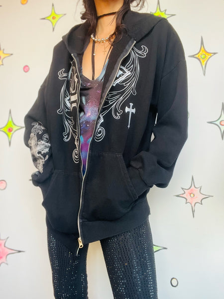 Vintage Y2K Black Mall Goth Grunge Fairy Tattoo Print Romantic Cross Hoodie XL+