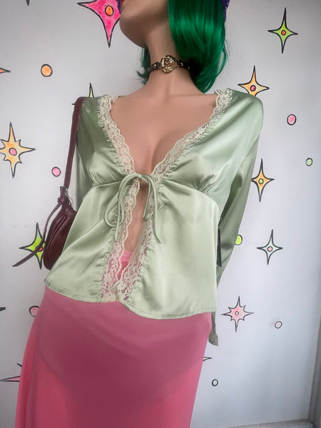 Green Satin Lace Layering Top Fairy Grunge Babydoll Lingerie Style S/M