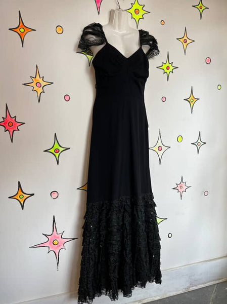 Vintage Tulle Mermaid Ruffle Hem Maxi Dress Black Lace Old Hollywood Glam 1930s